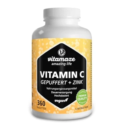 Abbildung von Vitamin C hochdosiert gepuffert 1000 mg + 20 Zink pro Tag, 360 Tabletten, vegan, pH neutral, magenschonend, frei von Säure und optimal bioverfügbar, Supplement ohne Zusatzstoffe, Made in Germany