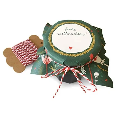 Abbildung von 25 Marmeladendeckchen Frohe Weihnachten Gläserdeckchen grün für Marmelade, Marmeladengläser &amp; Einmachgläser, Recyclingpapier Abreißblock + 10 m Garn Justiergummi, Blumen Tannenzweige