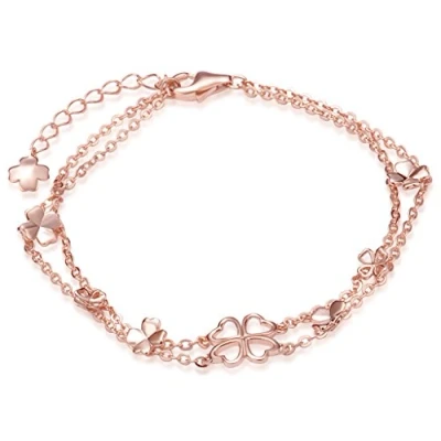 Abbildung von Yumilok Roségold 925 Sterling Silber Glückbringer Vierblättrige Kleeblatts Charm Armband Armkette Doppelketten für Damen Mädchen, 6.7 7.7&quot; Verstellbar