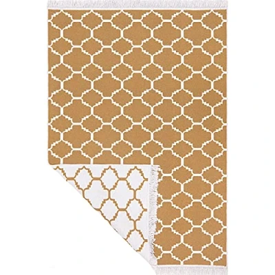 Abbildung von Fashion4Home Teppich Kurzflor Boho Kelim Teppich, Wohnzimmerteppich, Schlafzimmer und Küchenteppich, Läufer, Flur Kinderzimmerteppich Morocco Gold Weiß, Grüße: 140x200 cm