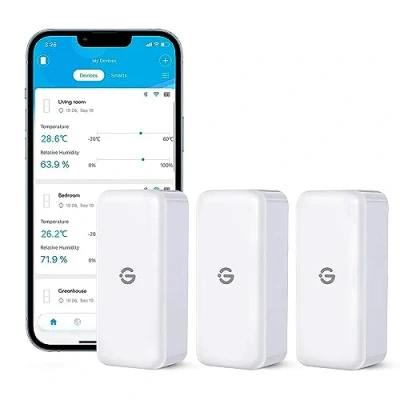 Abbildung von GoveeLife Hygrometer Thermometer Innen Sensoren 3Pack, Mini Bluetooth Temperatur und Luftfeuchtigkeitsmesser mit App Benachrichtigung Datenspeicherung, geeignet für Gewächshaus, Weinkeller