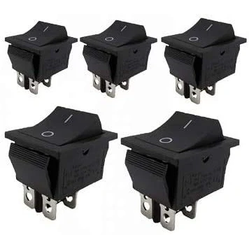 Abbildung von 5 Stück Einbau Wippschalter 2 polig (4pin) 16A 250VAC 28.5 * 21.5mm Wippe unbeleuchtet (Schwarze Wippe)