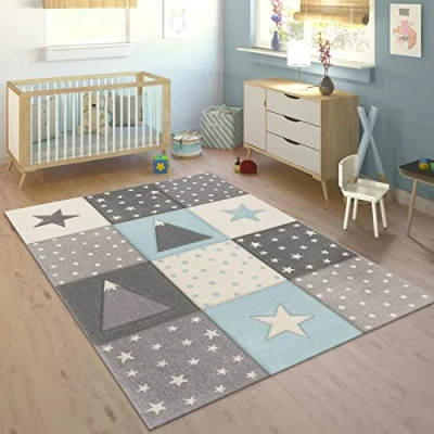 Abbildung von Paco Home Kinderteppich »Cosmo 340«, rechteckig, 17 mm Höhe, Kurzflor, Pastell Farben, 3D Effekt, Motiv Berge, Punkte &amp; Sterne