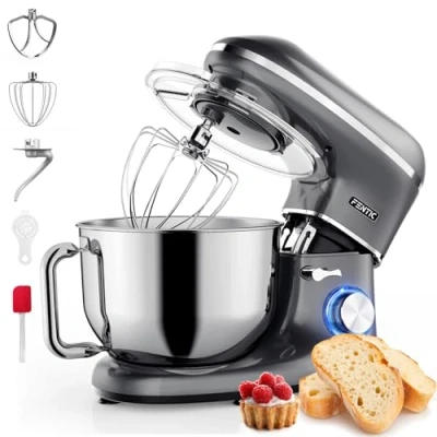 Abbildung von Fentic Küchenmaschine 2000W Edelstahl Rührschüssel (6,2 L) Knetmaschine mit Rührhaken, Knethaken, Schlagbesen und Spritzschutz Inkl. zusätzlichem Zubehör Anthrazit