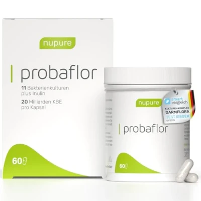 Abbildung von Nupure® Probaflor 60 Kapseln, Mit 20 Mrd KBE pro Tagedosis, 11 Spezielle Bakterienstämme, Inulin und Lactobacillus salivarius SP2, Magensaftresistente Kapselhülle