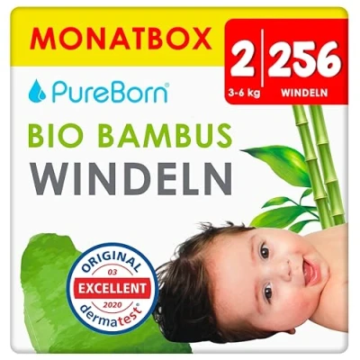 Abbildung von PureBorn 256 Windeln Größe 2 (3 6 kg) Ultra Saugfähig, Hypoallergen, Weich &amp; Sanft für Babys (2 4 Monate) Dermatologisch Getestet, Auslaufsicher, Umweltfreundlich aus Bambus