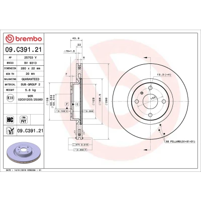 Abbildung von BREMBO 09.C391.21 Bremsscheibe 280 22 4 innenbelüftet beschichtet hochgekohlt MAZDA: MX 5 IV