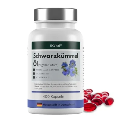 Abbildung von Schwarzkümmelöl Kapseln, 1000 mg, EXVital, kaltgepresst, ägyptisch, naturbelassen, mit Vitamin E, 400 Softgel Kapseln für mehr als 6 Monate, Premiumqualität, Kein Magnesiumstearat, 1er Pack (1x280g)