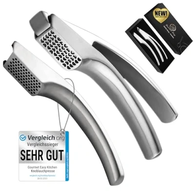 Abbildung von Knoblauchpresse Edelstahl Set mit 2 Aufsätzen Knoblauch Presse für Knoblauchpaste &amp; Stücke Garlic Press Ingwer (kein Schälen notwendig) Spülmaschinenfest 5 Jahren Garantie