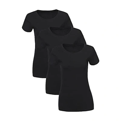 Abbildung von Liking Damen T Shirt Baumwolle Kurzarm Basic Sommer Rundhals Shirts Oberteile Top Bluse 3er Pack Tshirt Schwarz BL M
