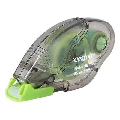 Abbildung von Westcott Kleberoller permanent klebend transparent &amp; reißfest starke Haftkraft für Foto, Papier oder Karton 8,5m x 6,5mm Kleberolle E 730501 00