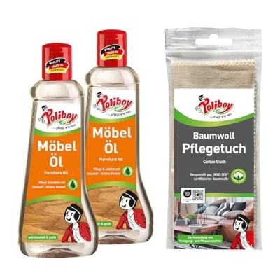 Abbildung von POLIBOY Möbel Öl nährendes Holzpflegemittel für Holzmöbel farbloses Holzöl 2x 200ml mit Baumwolltuch Made in Germany