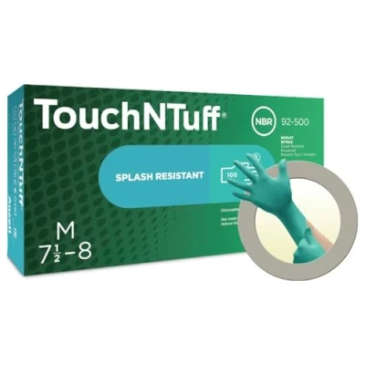 Abbildung von Ansell TouchnTuff 92 500 Einweghandschuhe aus gepudertem Nitril, lebensmittelzertifiziert, hohe chemische Beständigkeit, mechanischer Schutz, professionelle Schutzhandschuhe, Grün, L (100 Handschuhe)