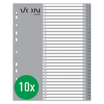 Abbildung von VON Leitz 10er Pack Zahlen Register A4, 1 31 nummerirte Trennblätter für Ordner, PP, Extra breit, 11 Loch Universalregister Schnellhefter &amp; Ringbücher, Grau, 12770085