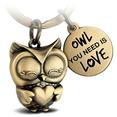 Abbildung von FABACH Eule Schlüsselanhänger Owly mit Herz und Gravur Süßer Freundschaft Liebe Glücksbringer aus Metall für Frauen Owl you need is Love