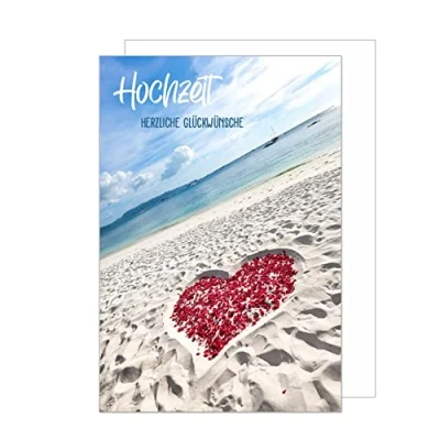 Abbildung von Edition Seidel Premium Glückwunschkarte zur Hochzeit mit Umschlag. Karte Hochzeitskarte Grusskarte rote Rosendekoration Herz Strand Strandhochzeit (H443 SW022)