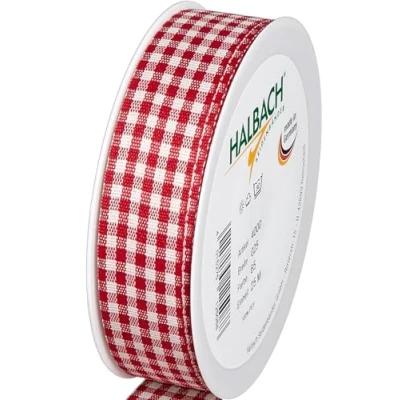 Abbildung von Halbach Seidenbänder Premium Vichy Karo Geschenkband (rot) Breite 25mm Länge 25m Karoband made in Germany kariertes Schleifenband vielen Farben