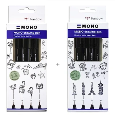 Abbildung von Tombow Fineliner MONO drawing pen, Set Bundle, Pigmenttinte, Wasser und Lichtresistent, für Skizzen, zum Illustrieren Zeichnen, Schwarz, 8er