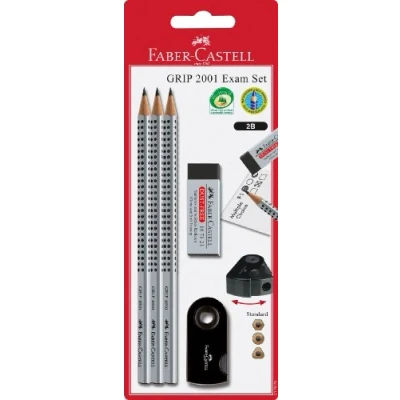Abbildung von FABER CASTELL 217079 Bleistiftset Grip 2001 Exam mit 3 Bleistiften, 1 Radierer und Spitzdose, silber/schwarz