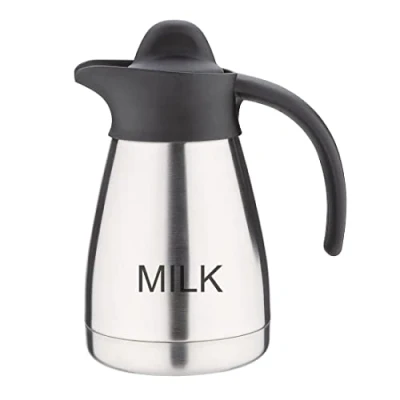 Abbildung von Olympia Vakuum Milchkännchen mit Schraubverschluss, 500 ml/ 17 oz, Edelstahl schwarzem Deckel, Milchaufdruck auf der Seite, Buffetstationen für Tee und Kaffee, CL371