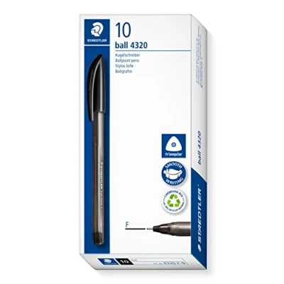 Abbildung von STAEDTLER dreikant stick Kugelschreiber, Schreibfarbe schwarz, Linienbreite F ca. 0,7 mm, für entspanntes Schreiben, 10 schwarze Kugelschreiber im Kartonetui, 4320 9