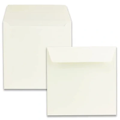 Abbildung von 25 Umschläge Quadratisch Farbe: Creme Format: 16,5 x cm Grammatur: 120 Gramm pro m² Haftklebung mit flacher Klappe Marke: GUSTAV NEUSER