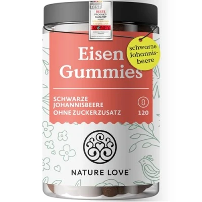 Abbildung von NATURE LOVE® Eisen Gummies 120 Stück ohne Zuckerzusatz, 96,5% Fruchtanteil 6 mg Tagesdosis für Erwachsene, 4 Kinder Alternative zu Eisentabletten und Kapseln vegan laborgeprüft