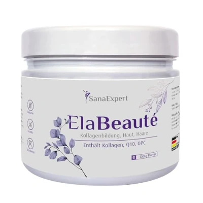 Abbildung von SanaExpert ElaBeauté, Nahrungsergänzung mit Kollagen, Q10, OPC, Zink &amp; Vitaminen, Kollagenbildung, Haut und Haare, Kollagenpulver, 150g