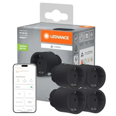 Abbildung von LEDVANCE SMART+ Indoor Plug, Smarte Steckdose mit Matter over WiFi,zur Einbindung konventioneller Geräte ins Smart Home, kompatibel Alexa, Google &amp; Apple, misst&amp;spart Stromverbrauch,schwarz,4 Pack