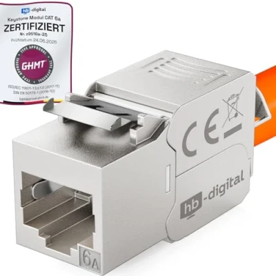 Abbildung von hb digital Cat.6a Keystone Modul Jack RJ 45 Buchse 500MHz 10Gbit/s vollgeschirmt STP GHMT zertifiziertes LSA werkzeuglos Cat6a Kupplung Netzwerk Einbaubuchse für Patchpanel Verlegekabel Ethernet LAN