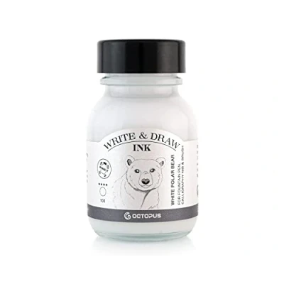 Abbildung von Octopus Write and Draw Ink 100 White Polar Bear, wasserfeste Tinte zum Schreiben und Zeichnen, Kalligraphietinte, lichtechte Zeichentusche für Füllhalter, weiß, 50 ml