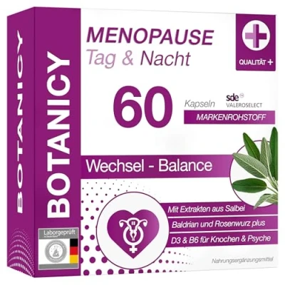 Abbildung von Botanicy Menopause TAG &amp; NACHT Gegen Wechseljahre Symptome Komplexe für Morgen Abend, mit Salbei Baldrian Pflanzenextrakte Vitamine Natürlich, Hormonfrei, Vegan 60 Kapseln