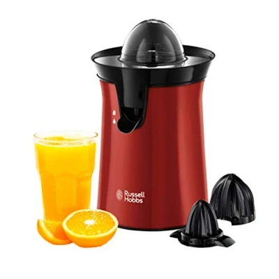 Abbildung von Russell Hobbs Orangenpresse &amp; Zitruspresse elektrisch [links rechtsrotierend, 2 Presskegel für Zitronen/Orangen] Rot (Tropf Stopp Funktion, spülmaschinenfest, BPA frei) Saftpresse 26010 56