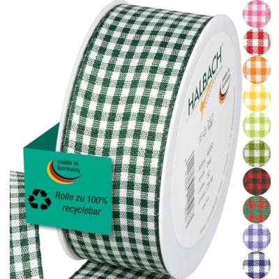 Abbildung von Halbach Seidenbänder Premium Vichy Karo Geschenkband (dunkelgrün) Breite 40mm Länge 25m Karoband made in Germany kariertes Schleifenband vielen Farben