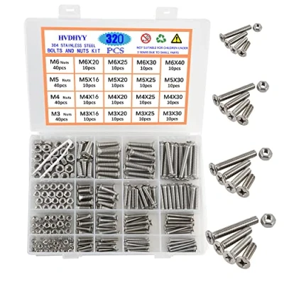 Abbildung von HVDHYY Schrauben Set M3 M4 M5 M6 Zylinderschrauben mit Innensechskant A2 70 Edelstahl Sechskopf Maschinenschrauben, Muttern Sortiment Kit Senkkopf Aufbewahrungsbox 320Stück