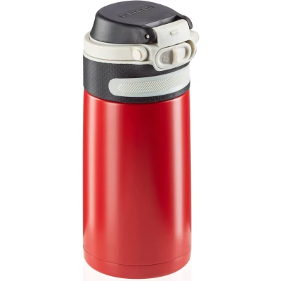 Abbildung von Leifheit Thermobecher Flip 350ml, Kaffeebecher 100% dicht, praktisches Öffnen mit einer Hand, Trinkbecher to go Filter für Wasser Obststücken, hält Getränke bis zu 6 Stunden heiß, red