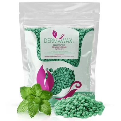 Abbildung von Dermawax Heißwachs Waxing Perlen zur professionellen Haarentfernung Augenbraue, Gesicht, Achseln, Arme, Rücken, Brust, Bikini und Intimbereich (1 kg, Chlorophyll)