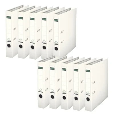 Abbildung von Leitz Qualitäts Ordner 180 Plastik, 10er Pack, das Original, DIN A4 Aktenordner 5 cm schmal, 90% Recycling Karton, 30% Pre Consumer Kunststoff, Mit Mechanik, 350 Blatt, Weiß, 10151001