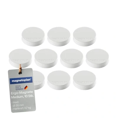 Abbildung von magnetoplan Ergo Magnet 10er Pack Whiteboard Magnete, Pinnwandmagnete, Magnetpunkte für die Schultafel, Kühlschrankmagnete und Pinnwände 11 Farben, 30 x 8mm weiß
