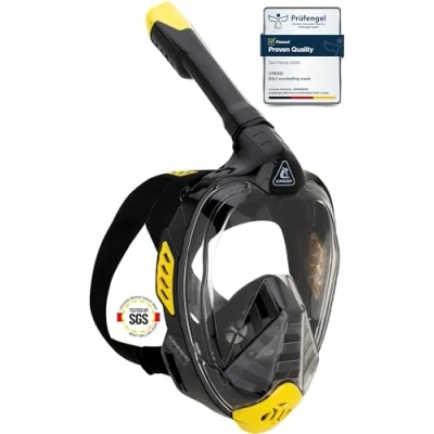 Abbildung von CRESSI Bali Full Face Mask Black/Yellow L/XL Tauchermaske Vollmaske Ultra Klare Polycarbonat Linse, 100% Silikon, Schnorchel Float Ventil, Kamera Halterung, Schwarz/Gelb, L/XL, Erwachsene
