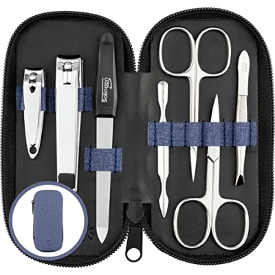 Abbildung von Maniküre Set Solingen Vergleichssieger mit Top Preis/Leistung Kunst Leder Etui handlich und weich 7teiliges Nagelset für Damen Herren marQus aus glanzvernickeltem poliertem Stahl