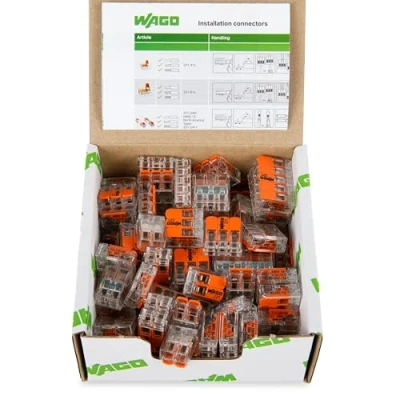Abbildung von WAGO Verbindungsklemmen Set 887 995 75 teilig, mit verschiedenen der Serie 221 für alle Leiterarten, in praktischer wiederverschließbarer Box