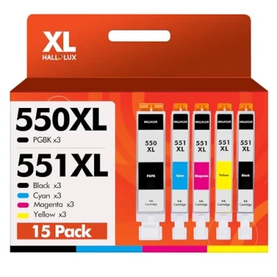 Abbildung von HALLOLUX 550 XL 551 Multipack Kompatibel für Canon PGI CLI Pixma MX925 MX920 MG5650 MG5550 MG6650 iP7250 iX6850 iP7200 MG6450 MX725 MG5450 MG7150 MG7500 MG5400 MG6350 (15er Pack)