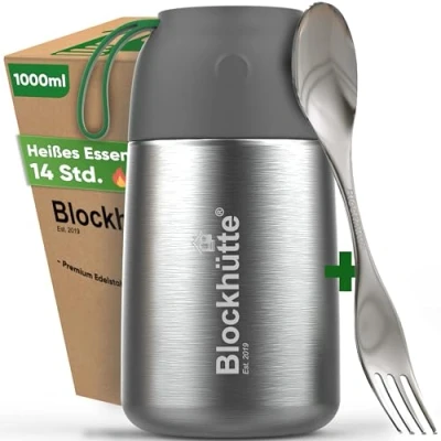 Abbildung von Blockhütte Edelstahl Thermobehälter für Essen I 1L mit Spork, Bürste, Thermo Lunchbox Kinder, Erwachsene, Suppen, Warmhaltebox, To Go Suppenbehälter, Thermobox Mittagessen