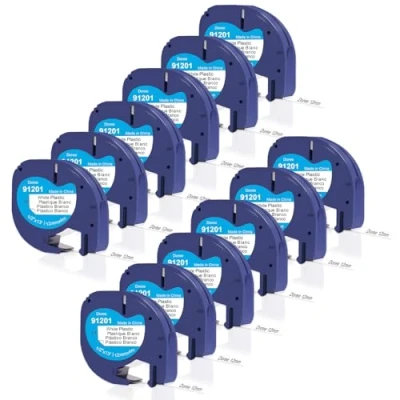 Abbildung von Doree 91221/91201 kunststoff Etikettenband (12er Pack),12 mm x 4 m, Schwarz auf Weiß, Hochgradig wasserfestes Letratag band, kompatibel mit Dymo LT 100H, 100T, XR, 200B