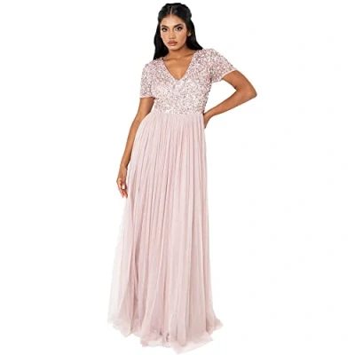 Abbildung von Maya Deluxe Damen Women&#039;s Prom Evening V neck Maxi Length Sequins Short Sleeves for Wedding Birthday Bridesmaid Dress,Frostiges Rosa, 52 EU