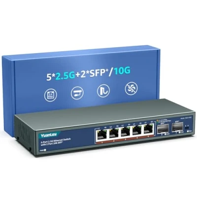 Abbildung von 7 Port 2.5G Umanaged Ethernet Switch, 5 x Base T Ports, 2 10G SFP, 10/100/1000M Kompatibel, Metall Lüfterlos, Desktop/Wandmontage YuanLey 2.5Gbe Netzwerk Switch für Wireless AP, NAS, PC