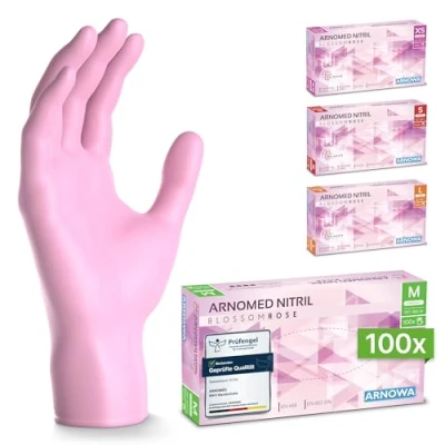 Abbildung von ARNOMED Einweghandschuhe Pink 100 Stück/Box, Nitrilhandschuhe M, Einmalhandschuhe, Handschuhe Einweg puderfrei, latexfreie Gummihandschuhe, in XS, S, M &amp; L verfügbar