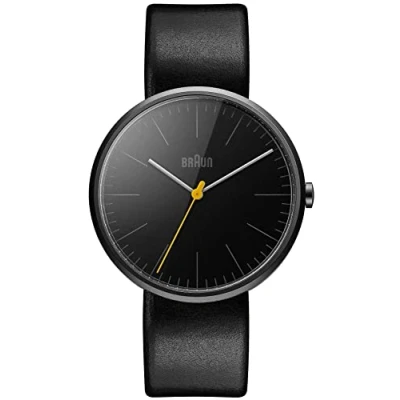 Abbildung von Braun Mens Ceramic 3 Hand Analogue Quartz Watch, Black Dial and Leather Strap, 42mm Case, Model BN0172BKBKG.