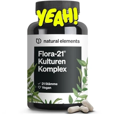 Abbildung von Flora 21® Kulturen Komplex 21 Bakterienstämme + Bio Inulin 180 magensaftresistente Kapseln Laborgeprüft, vegan, hochdosiert und in Deutschland produziert